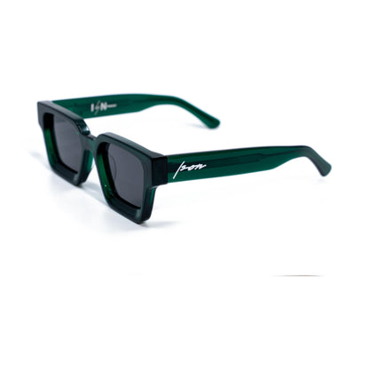 Ison Couture Emerald Green polarized sunglasses, translucent green bio-acetate square frame with smoke gray lenses, three-quarter view