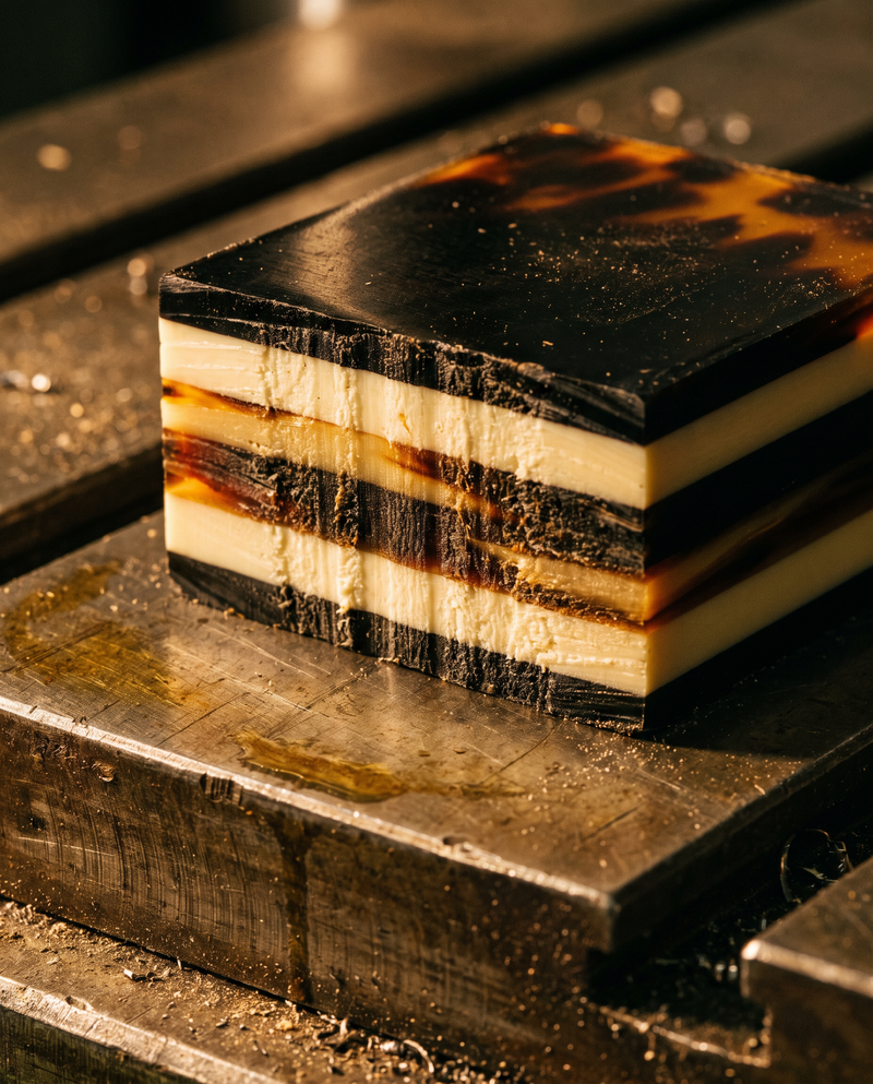 Fused block of layered black, ivory and tortoise acetate on a steel press plate
