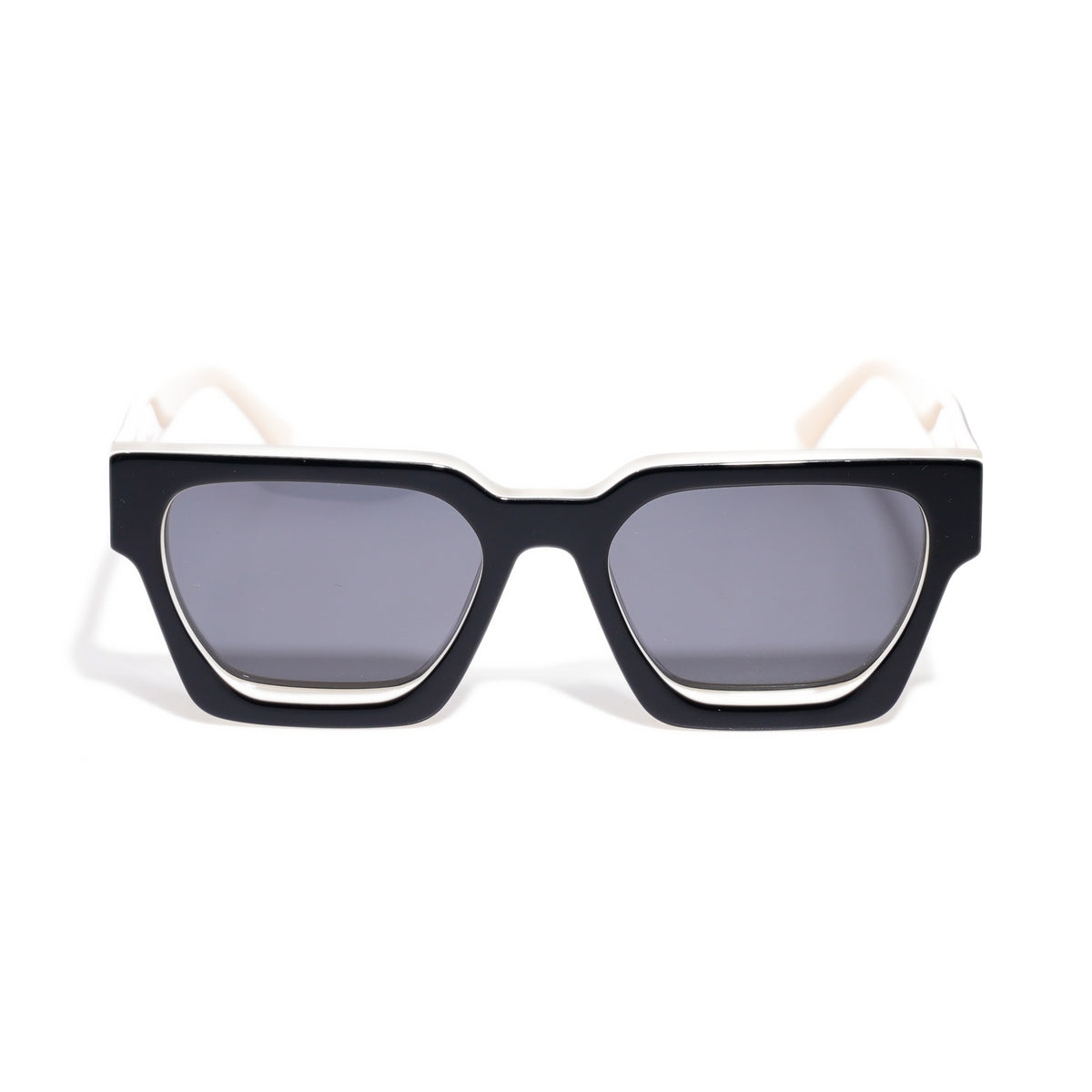 Fusion Calico square sunglasses front view, black face with an ivory layer framing smoke gray polarized lenses