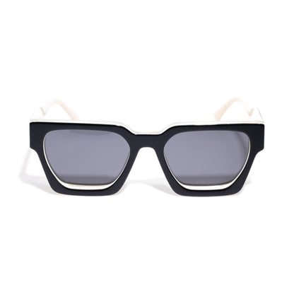 Fusion Calico square sunglasses front view, black face with an ivory layer framing smoke gray polarized lenses