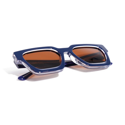 Fusion Navy Crystal sunglasses folded, showing the navy and crystal clear layered acetate edges