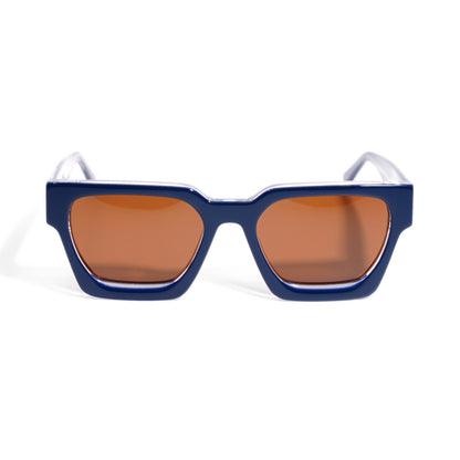 Fusion Navy Crystal square sunglasses front view with warm brown polarized lenses