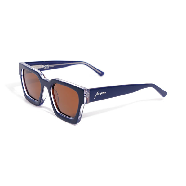 Ison Couture Fusion Navy Crystal polarized sunglasses, gloss navy face fused to crystal clear acetate, three-quarter view