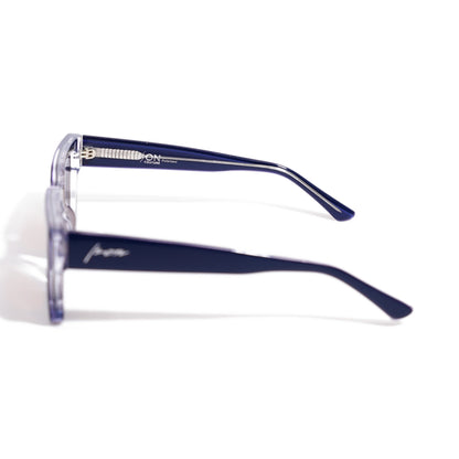 Fusion Navy Crystal side profile showing the metal core rod visible through the crystal clear temple interior