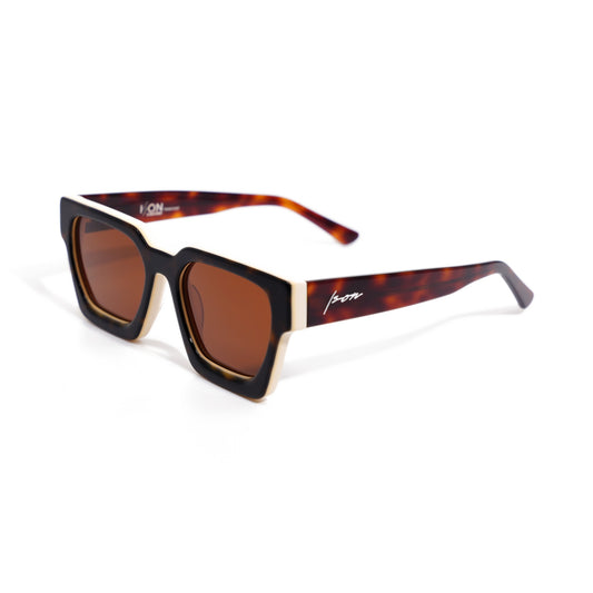 Ison Couture Fusion Tortoise Ivory polarized sunglasses, tortoise face fused to ivory acetate, three-quarter view
