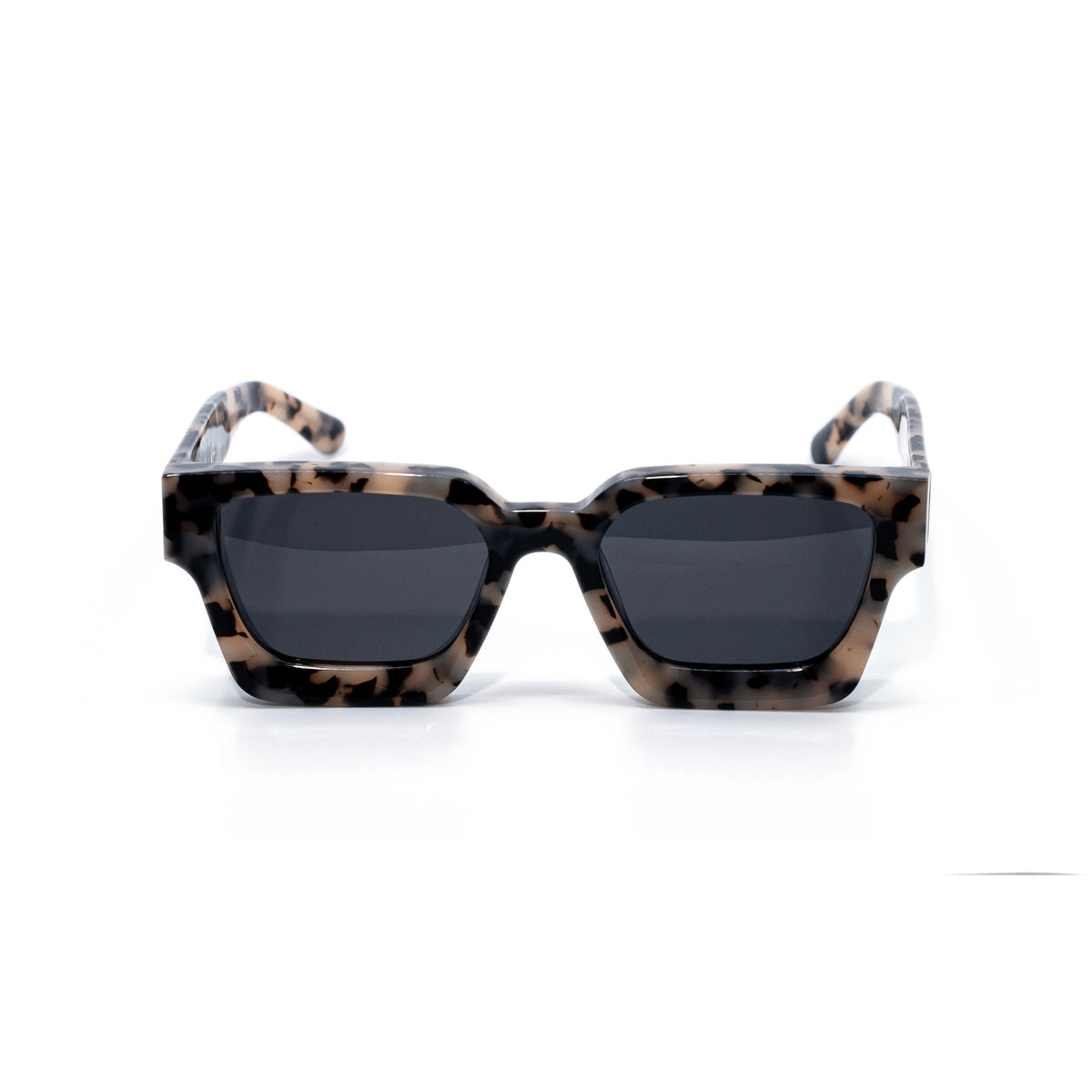 Granite square sunglasses front view, speckled stone-pattern frame with dark smoke polarized lenses