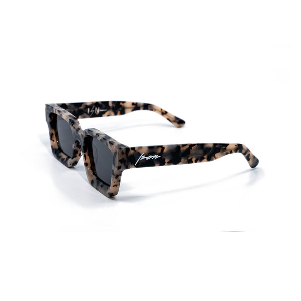 Ison Couture Granite polarized sunglasses, sand and blush bio-acetate with charcoal flecks, three-quarter view
