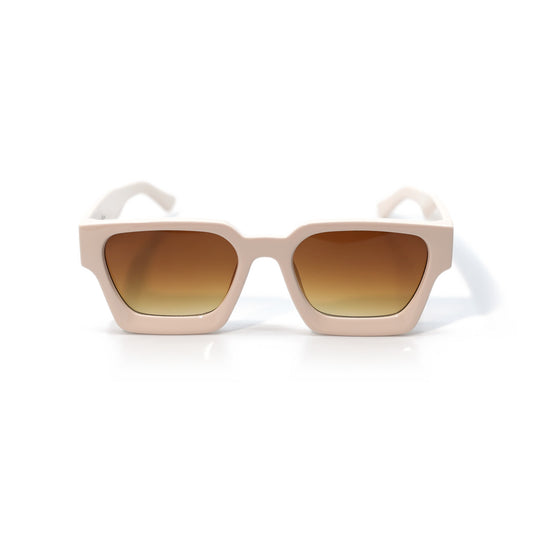 Krispy Crème square sunglasses front view, soft cream frame with amber to honey gradient lenses