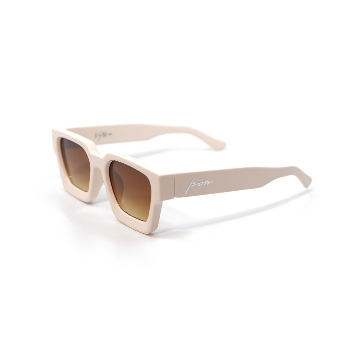 Ison Couture Krispy Crème sunglasses, matte cream square frame with brown gradient lenses, three-quarter view