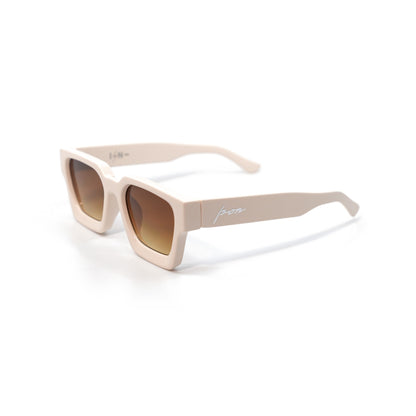 Ison Couture Krispy Crème sunglasses, matte cream square frame with brown gradient lenses, three-quarter view