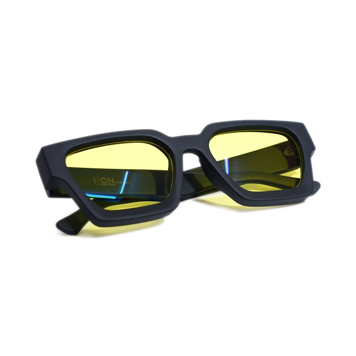 Matte Solar blue light blocking glasses folded, matte black square frame with yellow H7MX lenses