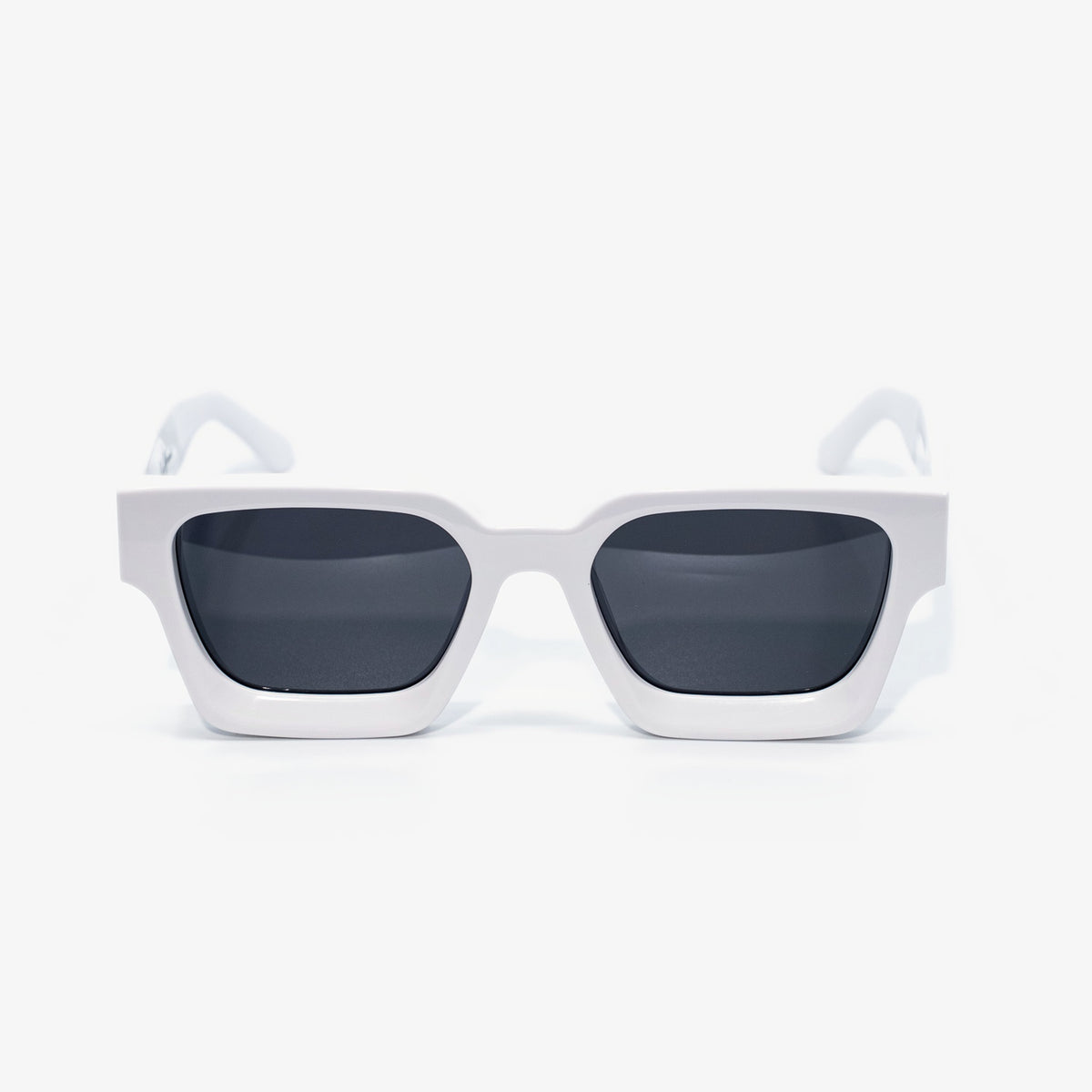 Polar White square sunglasses front view, crisp white acetate frame with dark smoke polarized lenses