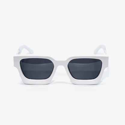 Polar White square sunglasses front view, crisp white acetate frame with dark smoke polarized lenses