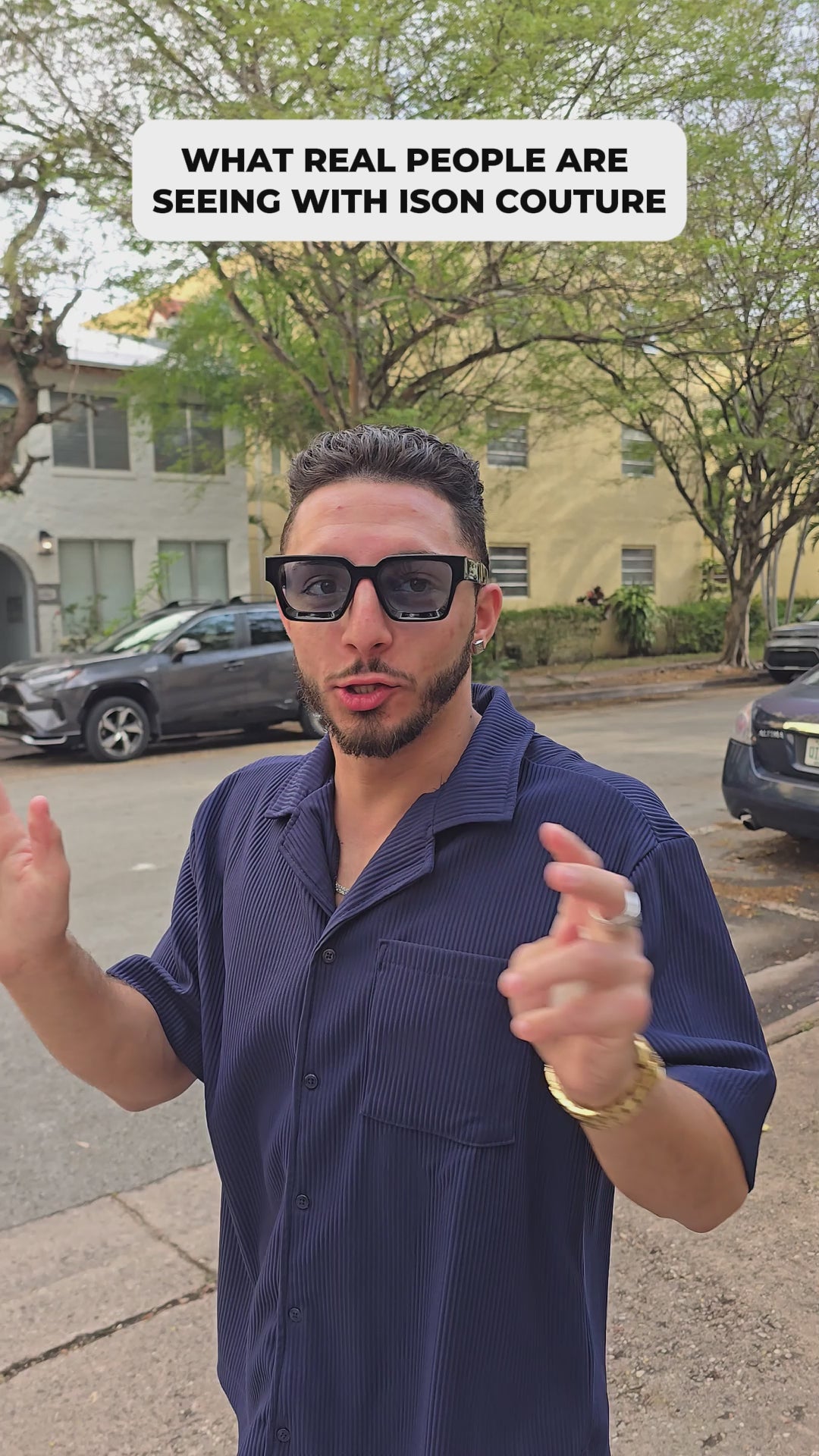 Load video: For a photo of someone wearing the frames outdoors / lifestyle shot:Person wearing Ison Couture bold square polarized sunglasses with enhanced lens clarity outdoorsFor a night skyline shot through the lens:View through Ison Couture TAC polarized lenses showing sharp night skyline clarityFor a Citrus colorway product shot:Ison Couture Citrus orange square polarized sunglasses plant-based independent luxury eyewearFor a lifestyle shot with warm tones / golden hour:Ison Couture polarized sunglasses warm tone lens filter lifestyle shot independent eyewear brandFor a group or social setting shot:Group wearing Ison Couture bold sunglasses elevated mood lens experience MiamiFor a close-up frame detail / material shot:Ison Couture plant-based polarized sunglasses frame detail premium TAC lens constructionFor a testimonial graphic or quote card:Customer testimonial Ison Couture polarized sunglasses lens clarity mood boost review