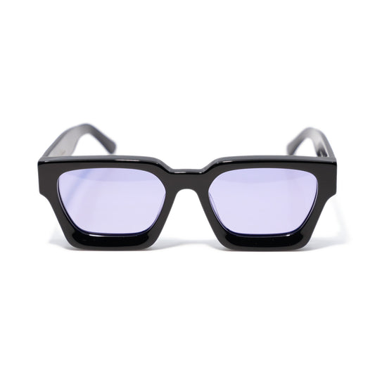 Purple Haze square sunglasses front view, gloss black frame with light lavender purple polarized lenses