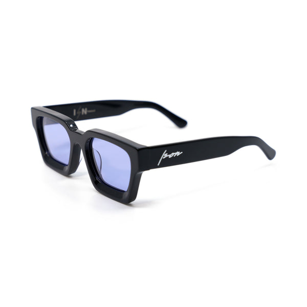 Ison Couture Purple Haze polarized sunglasses, gloss black bio-acetate square frame with light lavender lenses, three-quarter view
