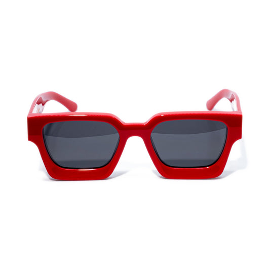Race Red square sunglasses front view, solid gloss red acetate frame with dark smoke polarized lenses