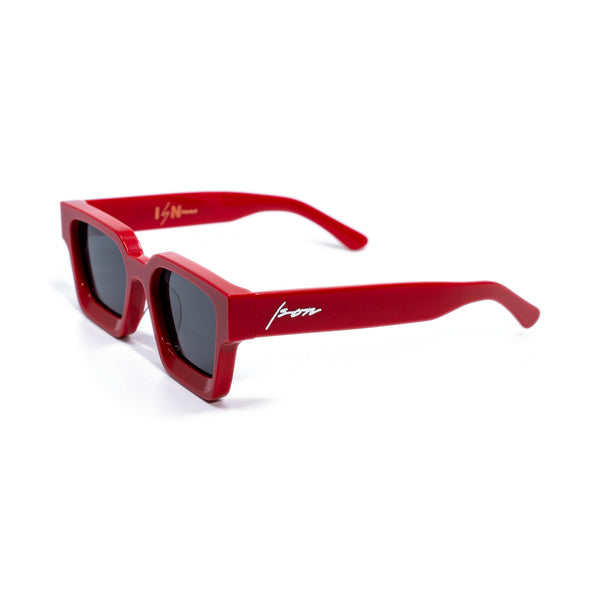 Ison Couture Race Red polarized sunglasses, deep gloss red bio-acetate square frame with dark smoke lenses, three-quarter view