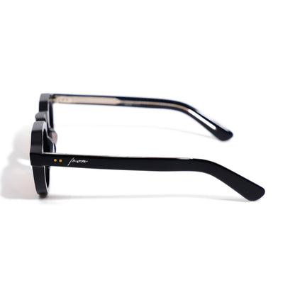 Round Black & Gold side profile with twin gold pins and Ison signature on the gloss black temple