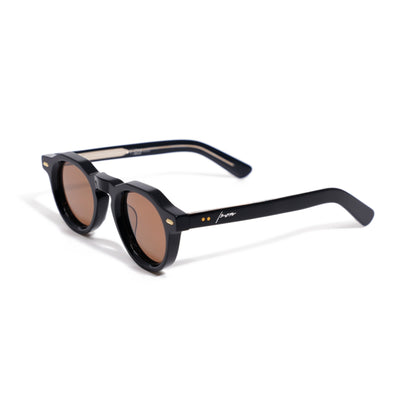 Ison Couture Round Black & Gold polarized sunglasses, gloss black bio-acetate with gold hinge rivets and keyhole bridge, three-quarter view