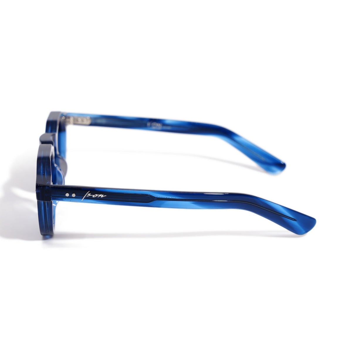 Round & Cobalt side profile with silver pins and Ison signature on the striated cobalt temple