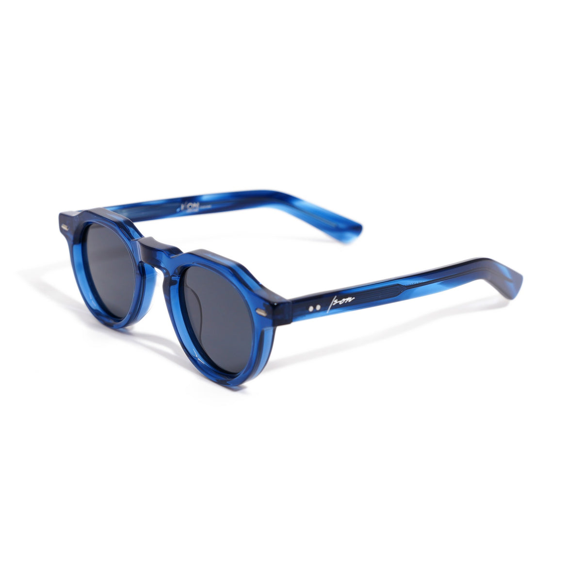 Ison Couture Round & Cobalt polarized sunglasses in translucent striated blue bio-acetate, three-quarter view