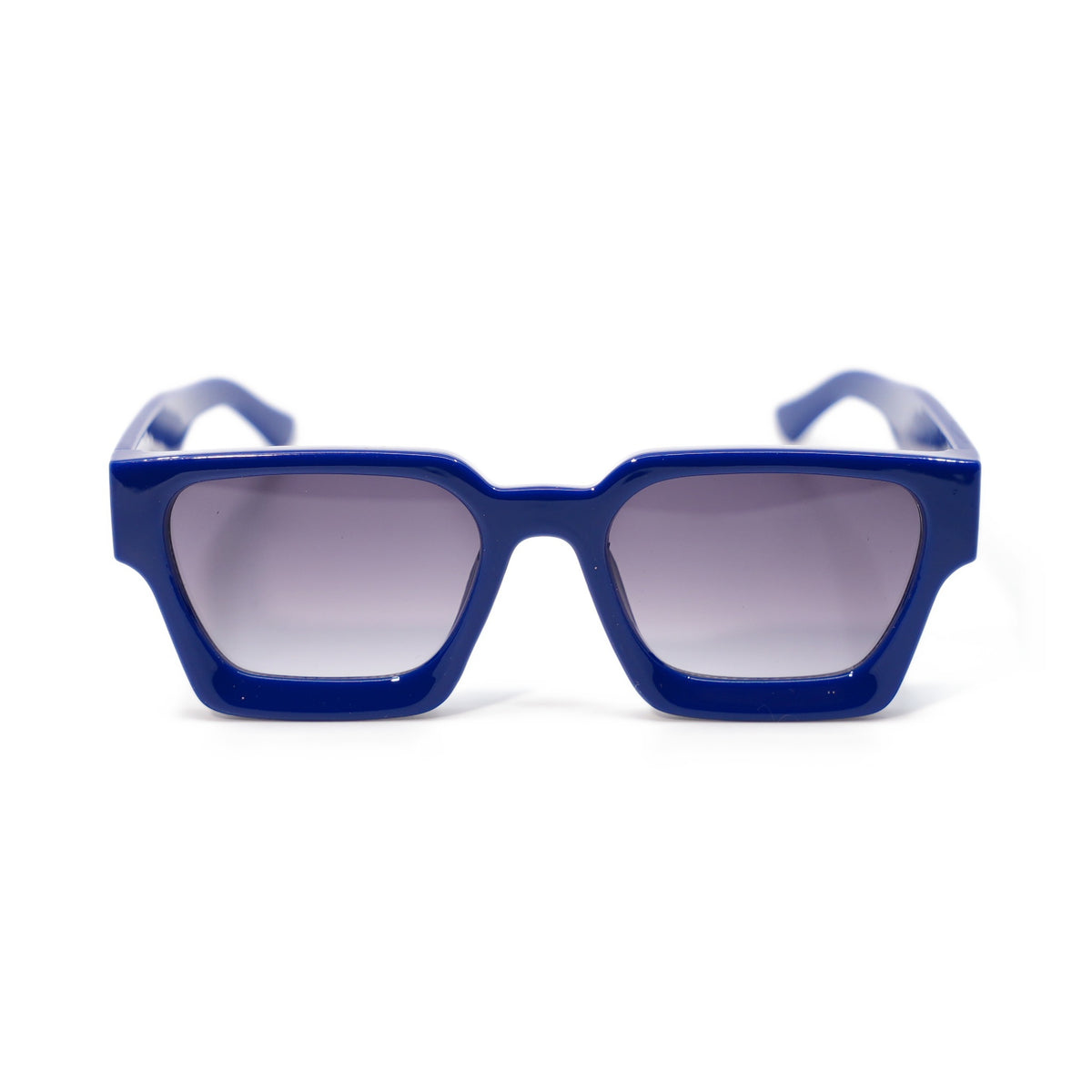 Royal Blue square sunglasses front view, glossy royal blue frame with smoke gradient lenses