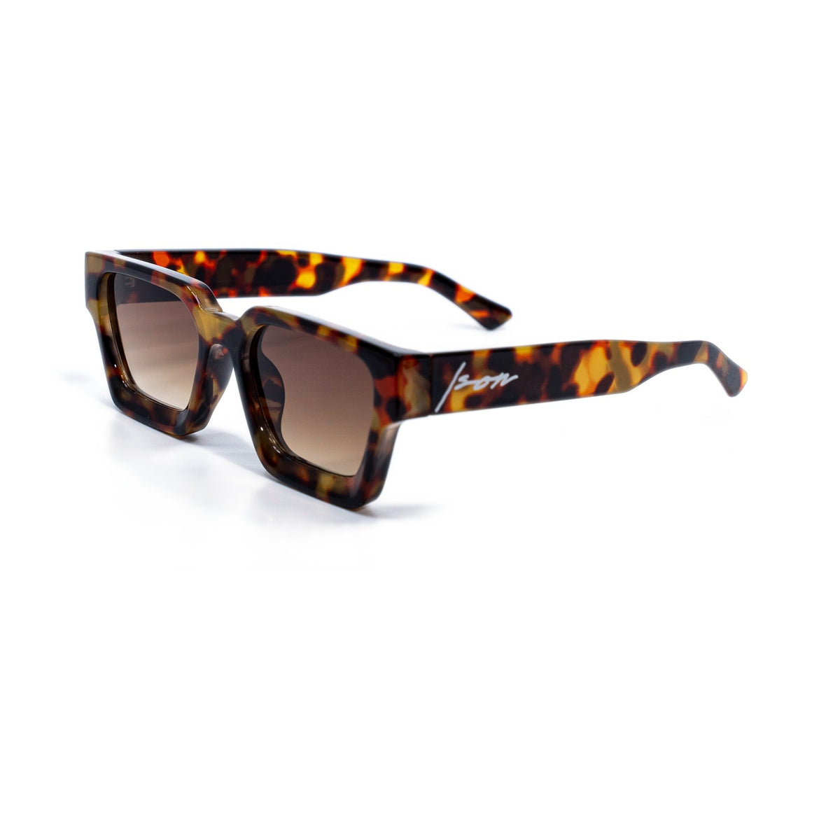 Tigers Eye square sunglasses front view, high-gloss amber tortoise frame with brown gradient lenses