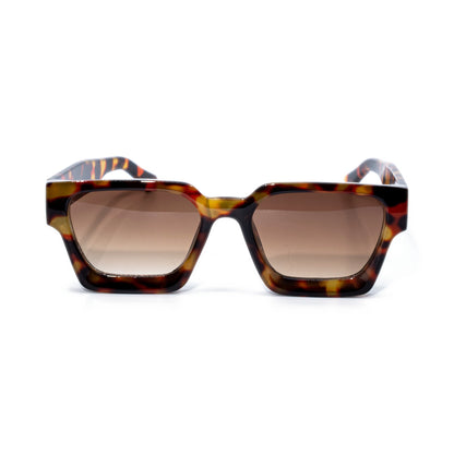 Ison Couture Tigers Eye sunglasses, amber tortoise square frame with brown gradient lenses, three-quarter view