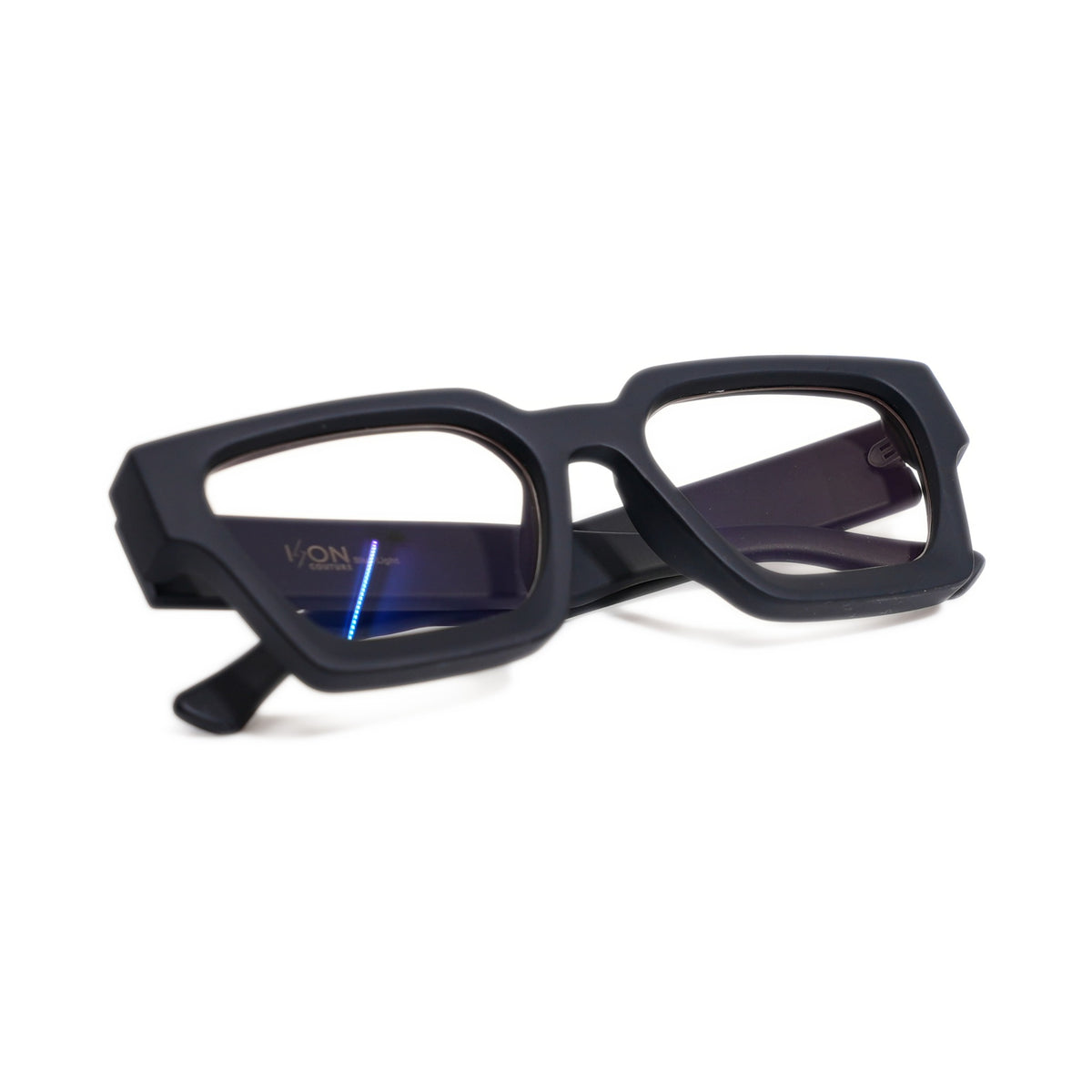 Urban Noir II blue light blocking glasses folded, matte black square frame with near-clear lenses