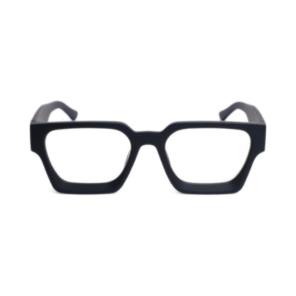 Urban Noir II blue light glasses front view, bold matte black square frame with near-clear H5MX lens