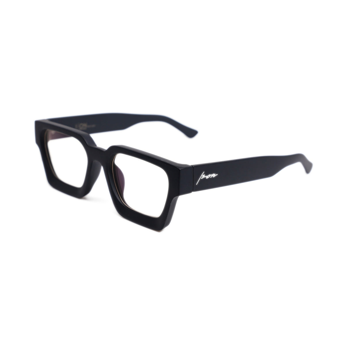 Ison Couture Urban Noir II blue light blocking glasses, matte black square frame with near-clear lens, three-quarter view