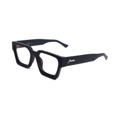 Ison Couture Urban Noir II blue light blocking glasses, matte black square frame with near-clear lens, three-quarter view
