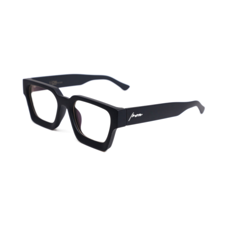 Ison Couture Urban Noir II blue light blocking glasses, matte black square frame with near-clear lens, three-quarter view