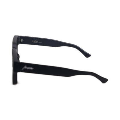 Urban Noir II side profile showing the Ison Couture signature and Blue Light marking on the matte black temple